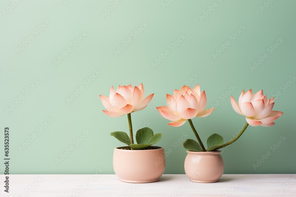 Lotus flowers in a clay pot, minimalism, pastel background, reality, stock photography, high quality with copy space