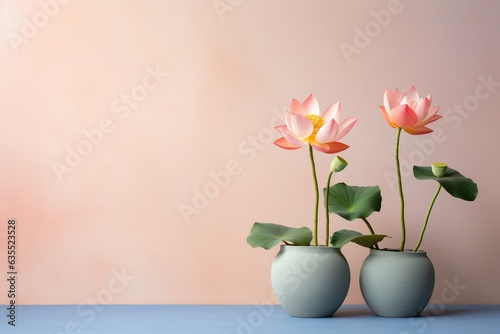 Lotus flowers in a clay pot  minimalism  pastel background  reality  stock photography  high quality with copy space