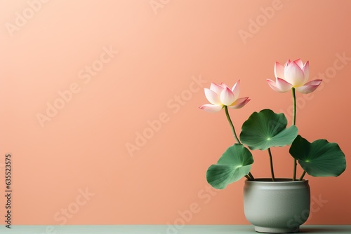 Lotus flowers in a clay pot  minimalism  pastel background  reality  stock photography  high quality with copy space