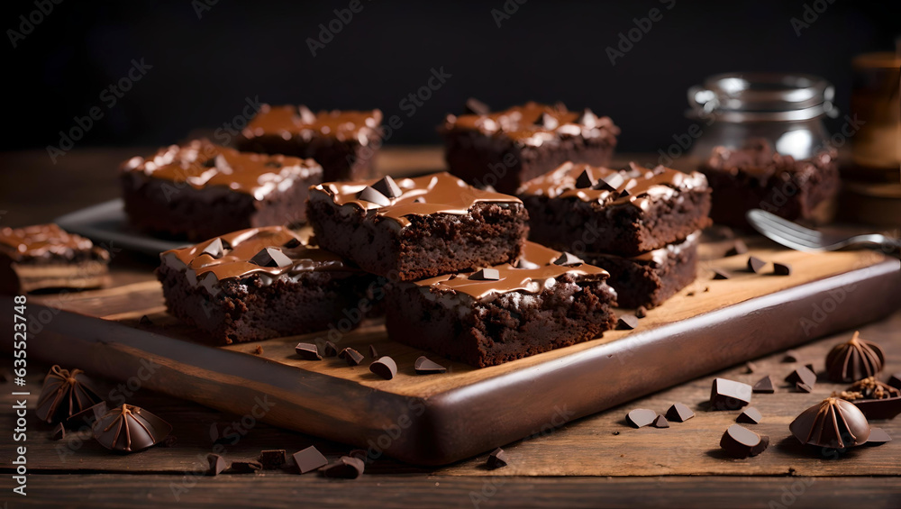Brownies with fresh chocolate on a dark wooden table, Empty Copy Space, Generative AI Brownies with fresh chocolate on a dark wooden table, Empty Copy Space, Generative AI