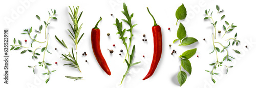 fresh mediterranean herb and spices with real transparent shadow isolated on transparent background. PNG Food background design element