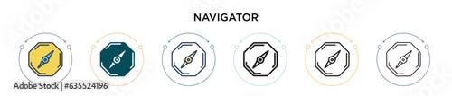 Navigator icon in filled, thin line, outline and stroke style. Vector illustration of two colored and black navigator vector icons designs can be used for mobile, ui, web