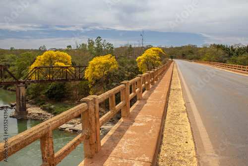 Paisagem com a antiga ponte de ferro Epitácio Pessoa e detalhe da rodovia GO-330, sobre o rio Corumbá no município de Pires do Rio. photo