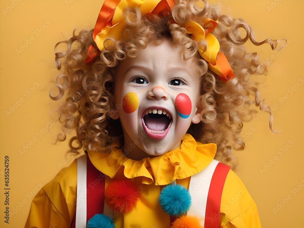 Cheerful screaming curly child in clown makeup on yellow background, Generative AI Cheerful screaming curly child in clown makeup on yellow background, Generative AI