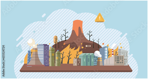 Industries that create pollution and cities that affected by pollution. Metaphor climate change, global warming and water crisis. Save the planet symbols. Environmental problem. Fire and oil pollution