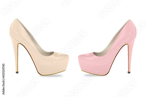 Pink and beige high heel women's shoes isolated on white background. 3d rendering. women's classic high heel shoes mockup for going out or party.