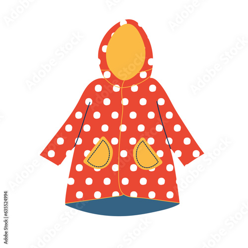 Red polka dot raincoat. Autumn raincoat protects from rain and cold. Comfortable fall clothing .Vector flat illustration, cartoon style.