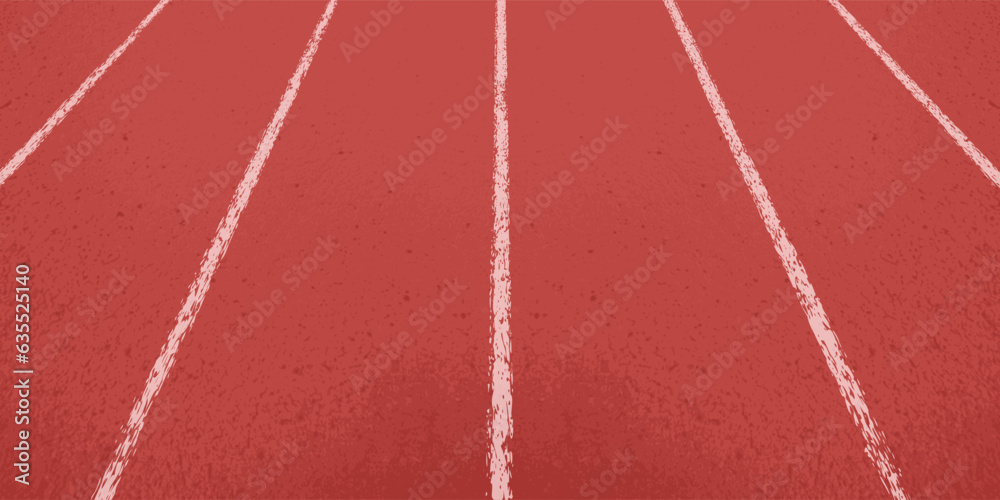 Perspective view of the red rubber surface of the running track. Receding into the distance white dividers of running ways. Vector illustration of sports background with texture