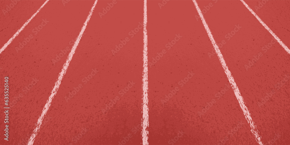 Fototapeta premium Perspective view of the red rubber surface of the running track. Receding into the distance white dividers of running ways. Vector illustration of sports background with texture