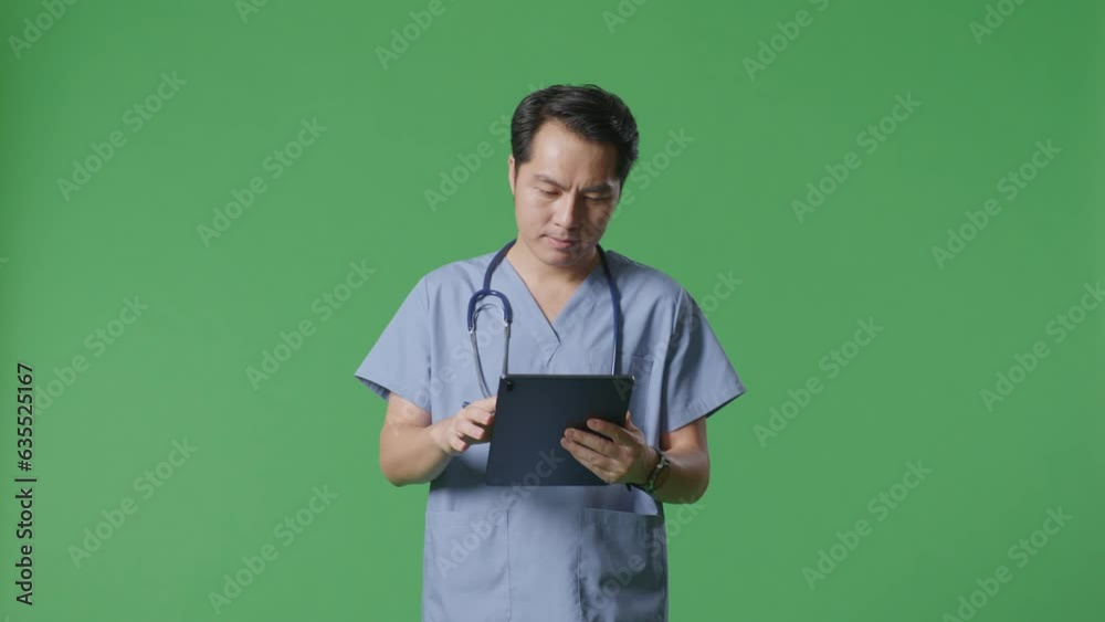 Asian Male Doctor With Stethoscope Using A Tablet While Walking On Green Screen Background In The Hospital
Asian Male Doctor With Stethoscope Using A Tablet While Walking On Green Screen Background In The Hospital
