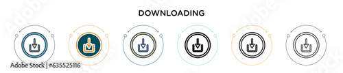 Downloading icon in filled, thin line, outline and stroke style. Vector illustration of two colored and black downloading vector icons designs can be used for mobile, ui, web