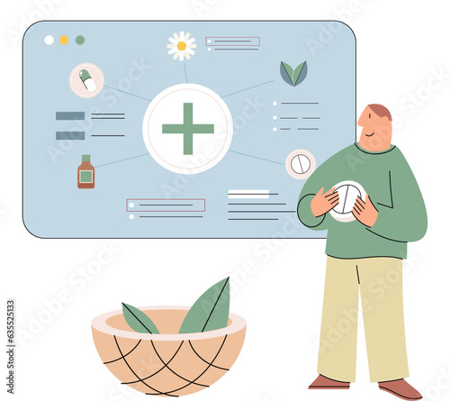 Homeopathy abstract concept with man stands at poster about homeopathic medicine, alternative treatment, herbal medicine method, natural drug, medicinal product, naturopathic healthcare service