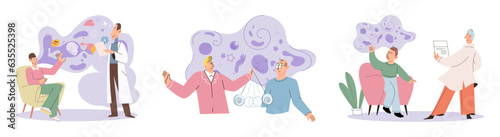 Psychologist listening to patient at mental therapy session. Growth mind and mental intelligence self development tiny person. Person talking to psychotherapist. Psychological session therapy support