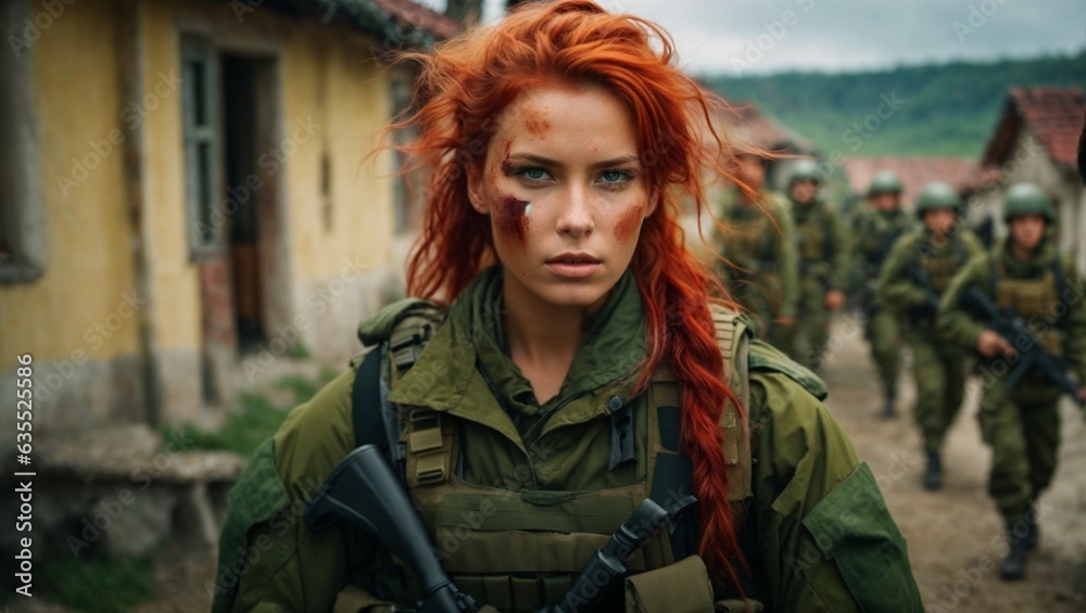 A woman with vibrant red hair dressed in a military uniform
