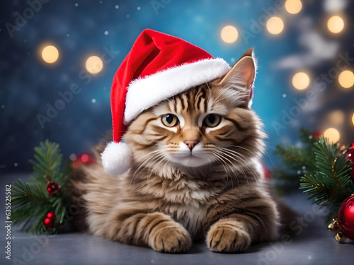 Christmas cat in a red santa claus hat, new year, greeting card, banner, Generative AI
