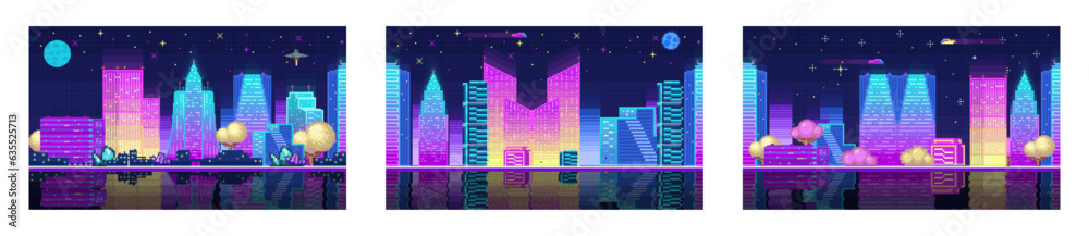Pixel art of 80s Retro sci-fi background. Pixel city. Pixel art background. 8bit pixelated evening cityscape neon for video game design pixel nighttime with modern skyscrapers Game backgrounds set