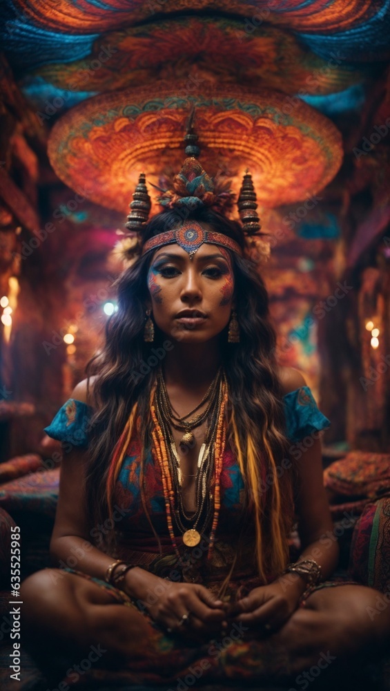 A woman with a beautiful headdress sitting in the center of a room