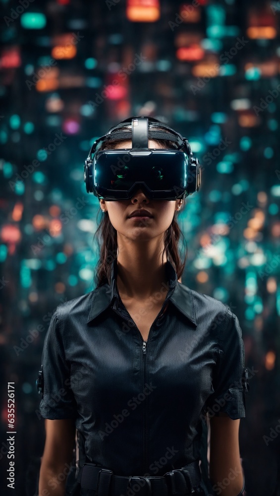 A woman immersed in virtual reality with a headset A woman immersed in virtual reality with a headset