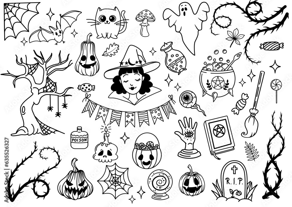 Obraz premium Set of hand drawn Halloween elements. Outline vector designs.