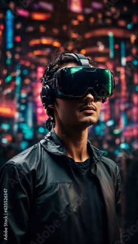 A man wearing virtual reality glasses and a black jacket © Usman