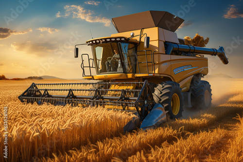 Harvester working on a field of golden wheat - agriculture concept.