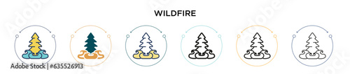 Wildfire icon in filled, thin line, outline and stroke style. Vector illustration of two colored and black wildfire vector icons designs can be used for mobile, ui, web