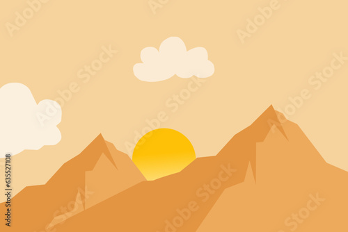 Yellow desert landscape. Golden sand lands. African scenery. Sahara scene. Cloudy sky. Sandy dune. Dry mountains. Rock cliffs. Scenic panorama.