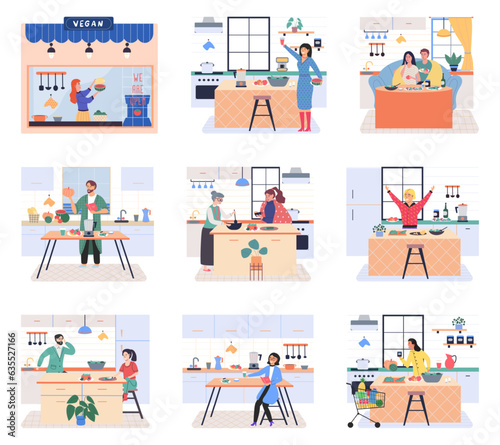 People cooking vegetarian food. Vector illustration. People cooking at home, happy couple kitchen. Home cooking room with wooden dining table. Home kitchen cooking, Man and woman preparation breakfast