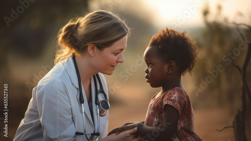 Female doctor stands next to an African child against the backdrop of a wasteland.