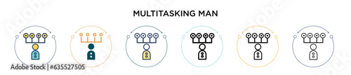 Multitasking man icon in filled, thin line, outline and stroke style. Vector illustration of two colored and black multitasking man vector icons designs can be used for mobile, ui, web