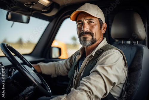 Mexican male truck driver, portrait of man trucker driving in car looking at camera