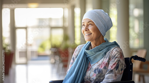 Photographie Middle-aged woman with cancer wearing head scarf sits in a wheelchair in a hospital