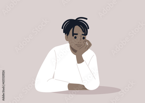 A young character propping up their face with hand, attentive listener