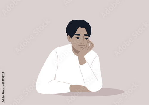 A young character propping up their face with hand, attentive listener