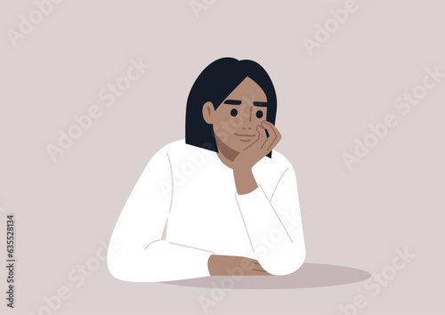 A young character propping up their face with hand, attentive listener