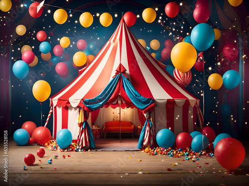 Circus tent with balloons and confetti, circus background, editorial illustration colorful, behance favourite, carnival background, colorful kids book illustration, Generative AI