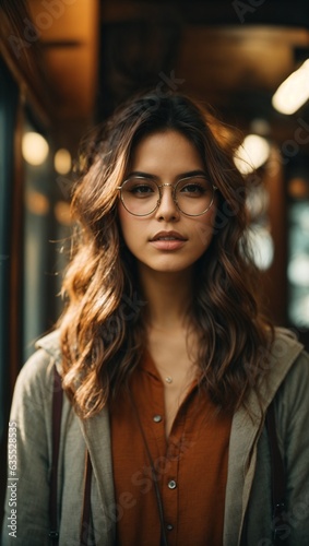 A woman wearing glasses and a brown shirt
