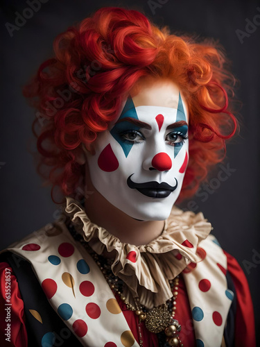  Clown arlequin character with make up and red hair and nose portrait posing for camera, Generative AI