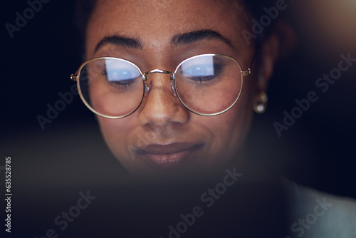 Laptop, student face and night woman reading, studying and learning online information, education or check college database. Analysis, research and closeup person education, working and typing essay