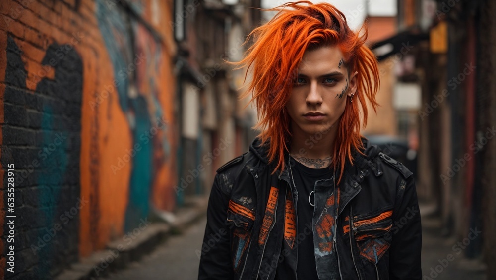 A man with vibrant orange hair and edgy piercings standing confidently in a gritty urban alleyway