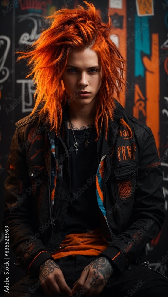 A red-haired young man sitting in front of a wall A red-haired young man sitting in front of a wall