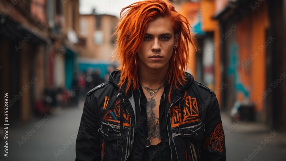 A young man with vibrant red hair and striking piercings