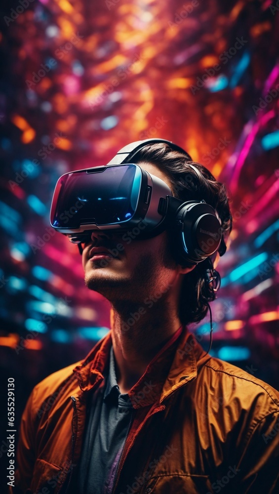 A man immersed in a virtual reality experience with a headset on A man immersed in a virtual reality experience with a headset on