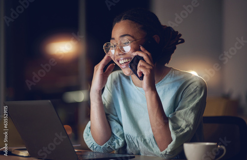 Phone call, office laptop and happy woman laughing at funny conversation, customer experience review and reading night report. Cellphone chat, dark room or computer person smile for online order joke