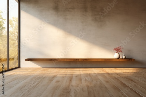 Minimalist living room interior with wooden floor, decor on a large wall. Generative AI