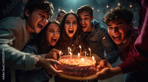 Group of friends celebrate a birthday with a cake with candles inside