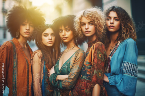 A group of young fashion models posing together in vibrant, trendy outfits, capturing the spirit of unity and diversity in the fashion industry. Generative Ai