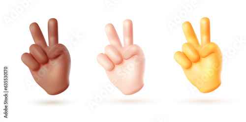 Vector set of illustration of hand gesture sign v on white color background. 3d vector style diversity emoji design of man black and white skin hand