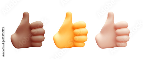 Vector set of illustration of male hand gesture thumb up sign good on white color background. 3d vector mesh style emoji design of man black and white skin hand