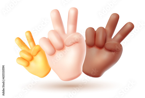 Vector illustration of group friend hand gesture sign v on white color background. 3d vector style emoji design of set of man black and white skin hand victory sign